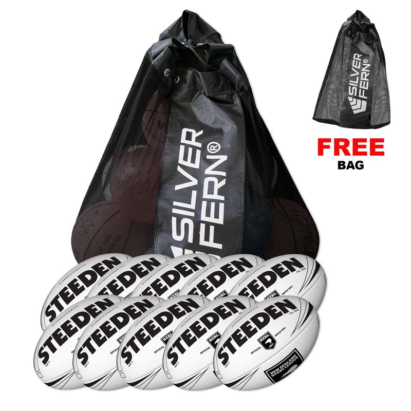 10 X Steeden NZRL International Rugby League Match Balls – Size 5 + FREE MESH BALL CARRY BAG
