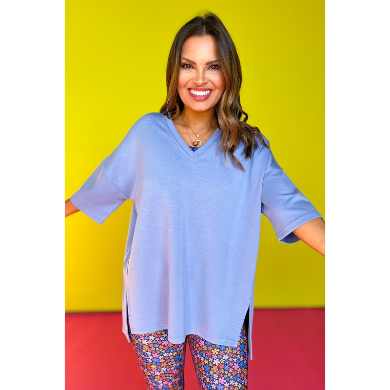 SSYS Signature Powder Blue V Neck Lightweight Air Tent Top SM