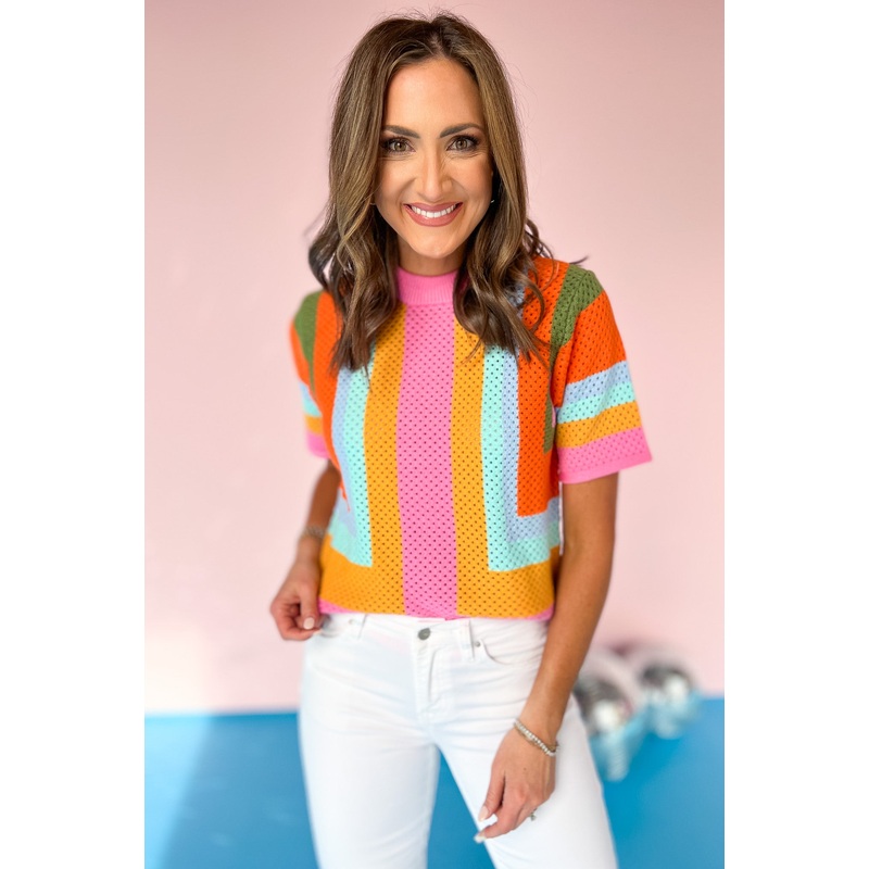 THML Pink Multi Stripe Crochet Short Sleeve Top XS