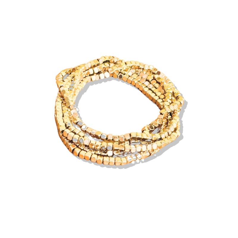 Gold Metal Cube Beaded Stretch Bracelet Stack