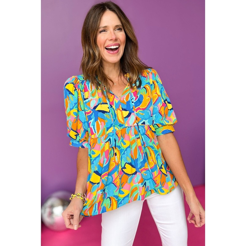 Blue Multi Print Frill V Neck Puff Sleeve Top Small