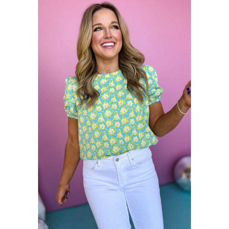 Blue Floral Printed Textured Puff Short Sleeve Top Small