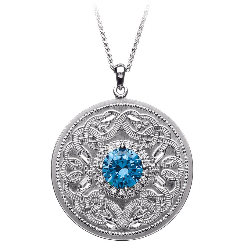 Celtic Warrior Necklace with Swiss Blue and Clear CZ Stones – Large