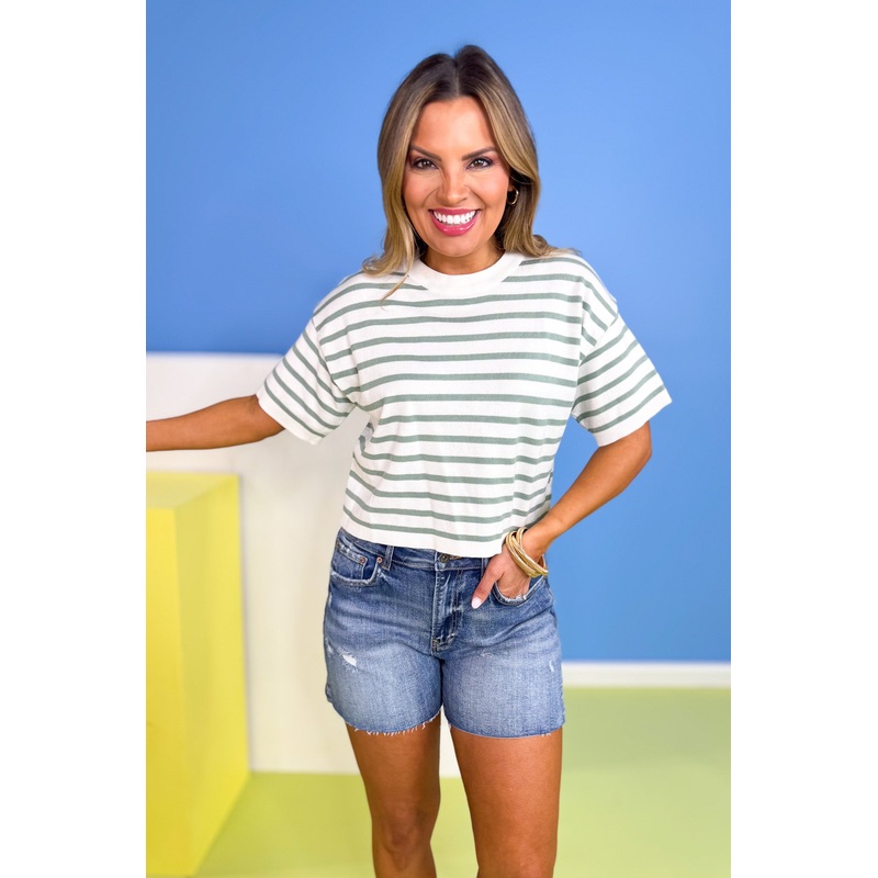 Sage Stripe Drop Shoulder Short Sleeve Top *FINAL SALE* Small