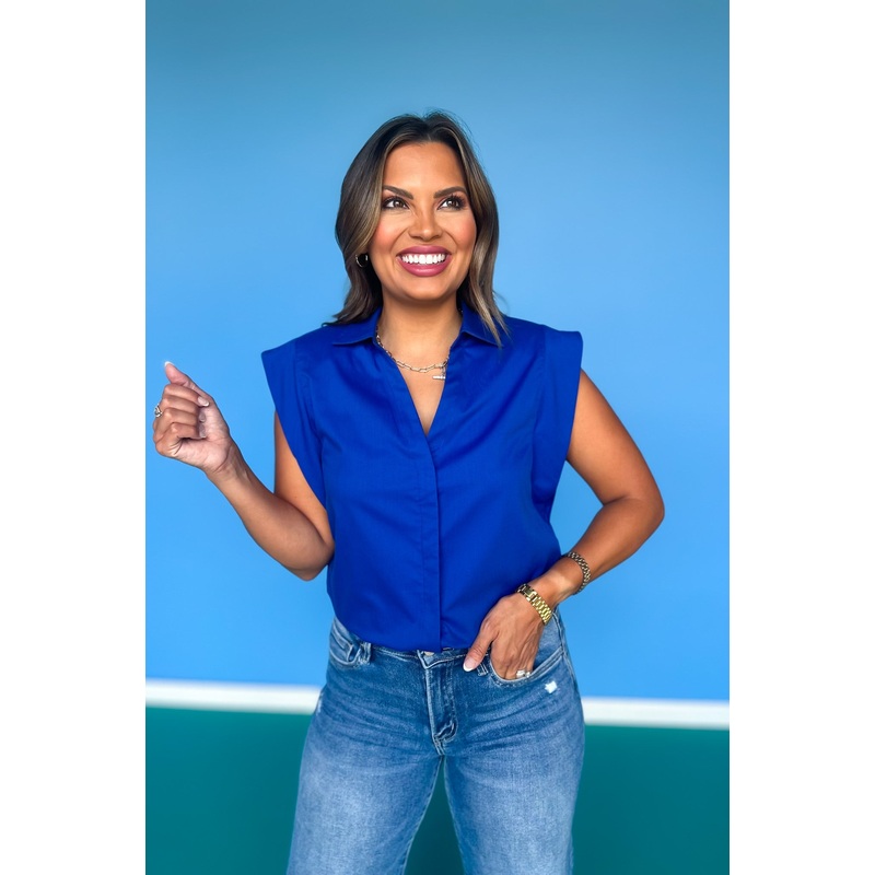 SSYS Audrey Shoulder Pad Cap Sleeve Poplin Button Down Top In Royal XS