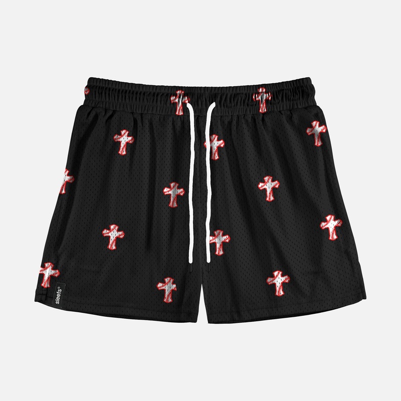 Baseball Cross Pattern Black Shorts – 5″ S Black