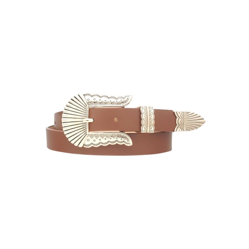 Brown Ribbed Engrave Western Buckle Belt