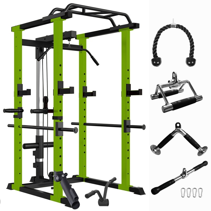 1000 lbs. capacity Green Multi-functional Power Cage, Home Adjustable Pullup Squat Rack Comprehensive Fitness Barbell Rack Green