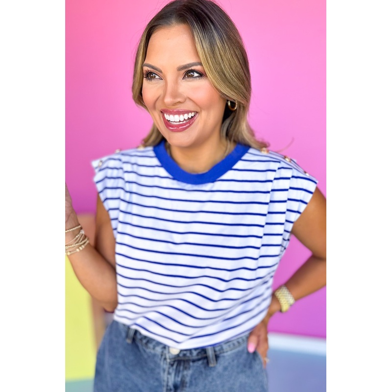 Blue Striped Knit Shoulder Pleat Button Detail Top *FINAL SALE* Small