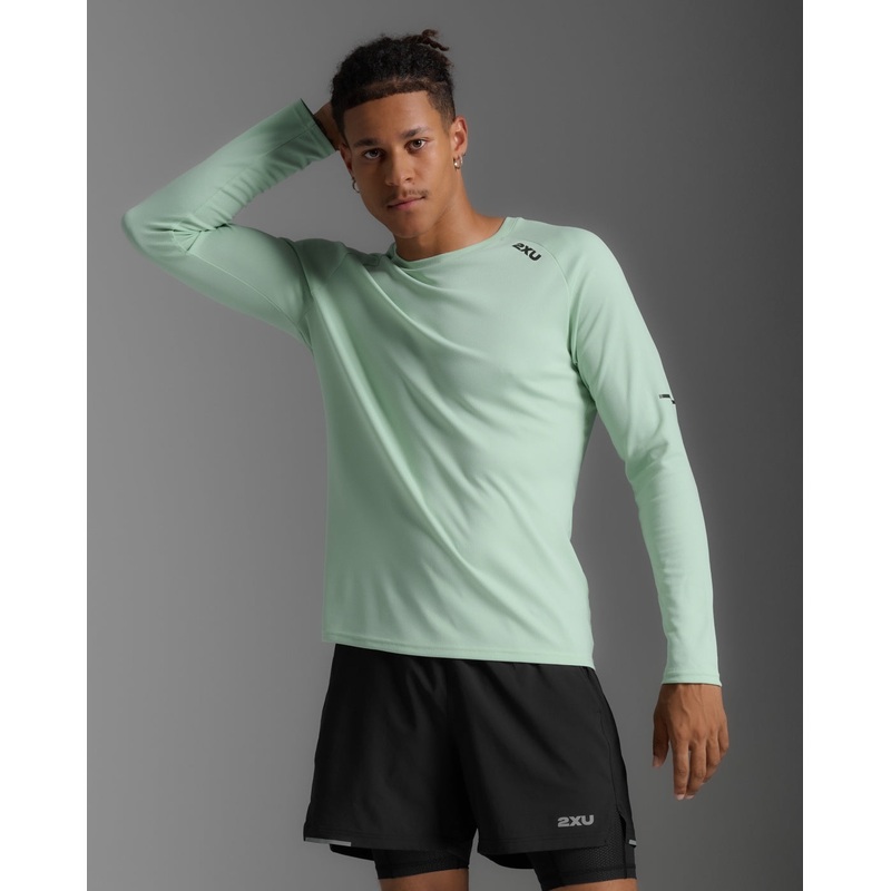 2XU Mens Aero Long Sleeve Tee- Mint/Black Reflective Small