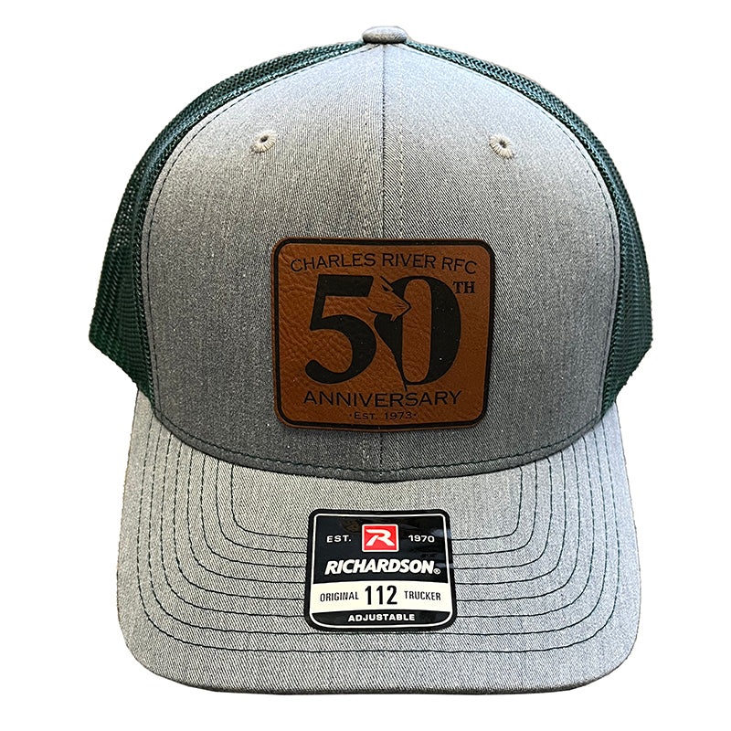 50th Anniversary Leather Patch Trucker Cap Charcoal/Forest Mesh