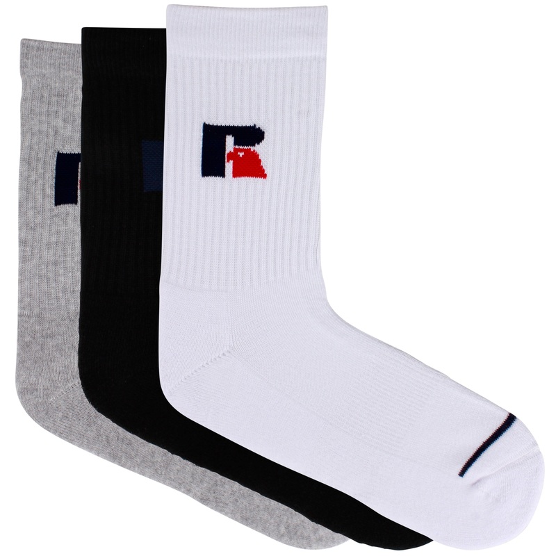 Russell Athletic RA Logo Classic Crew Socks 3 Packs White-Grey-Black 3-8