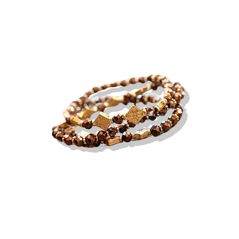 Brown Metal Crystal Stone Beaded Stretch Bracelet Set