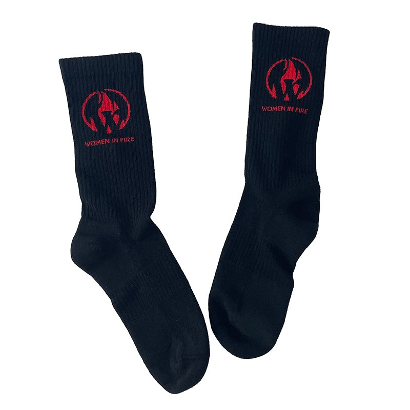 Socks – Women in Fire Cotton Crew Black w/ Red Logo