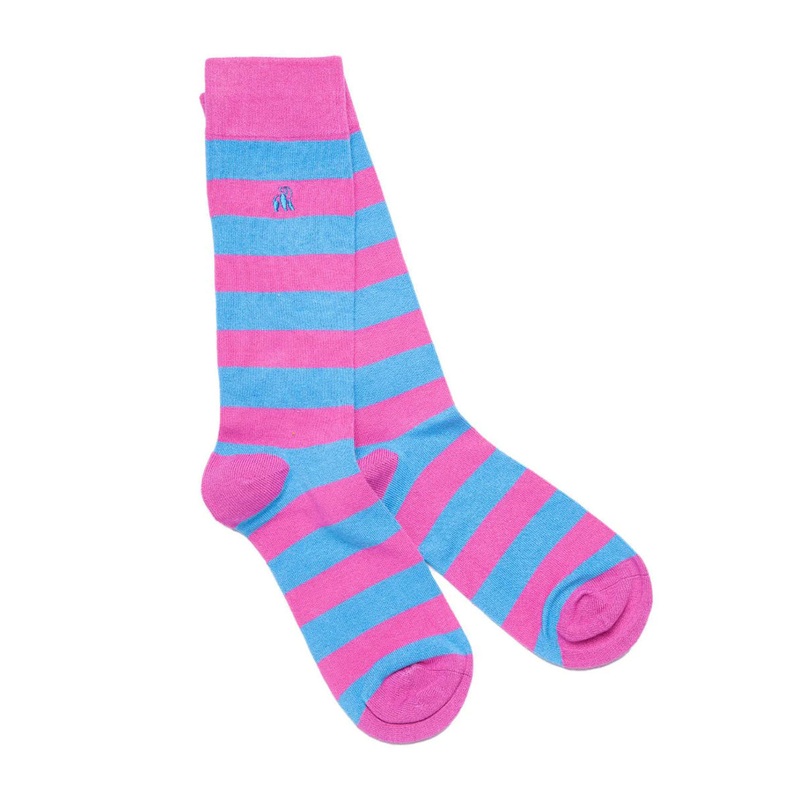 Swole Panda Pink and Light Blue Striped Socks 7-11 Pink