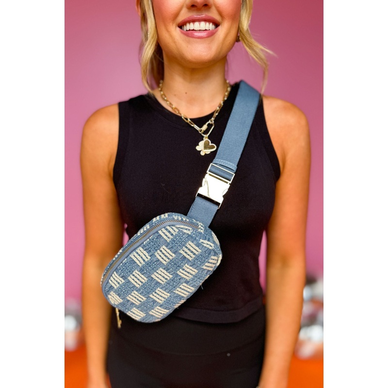 Blue Denim Basket Weave Design Belt Bag