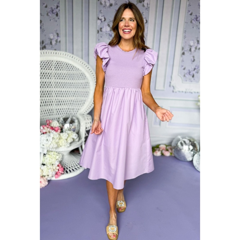 Lilac Dropped Waist Ruffle Shoulder Midi Dress *FINAL SALE* Small