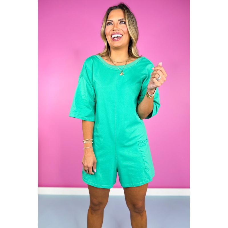 Green Knit Drop Shoulder Short Sleeve Romper *FINAL SALE* Small