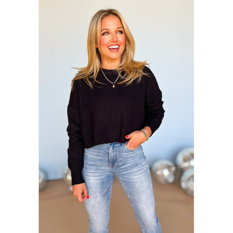 Black Knit Crew Neck Drop Shoulder Sweater *FINAL SALE* Small