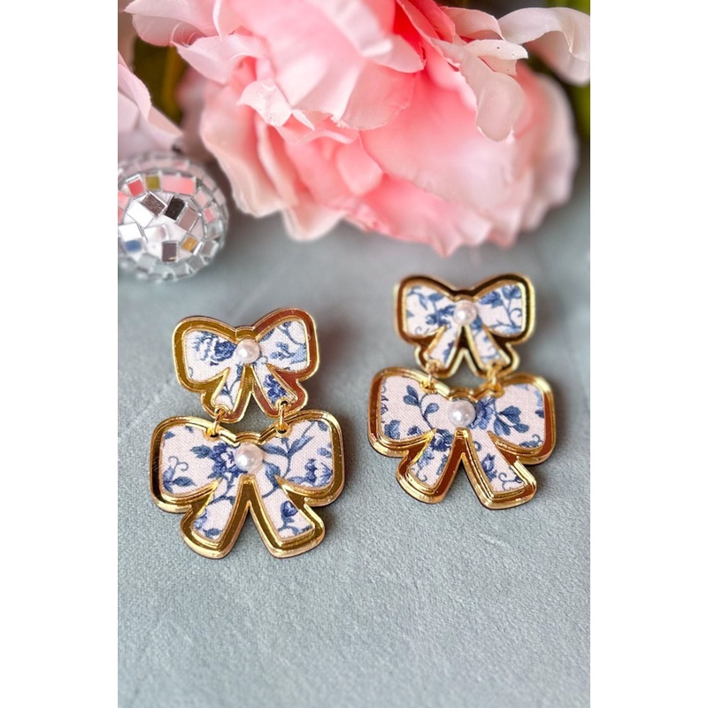 Blue Double Bow Pearl Accent Statement Earrings