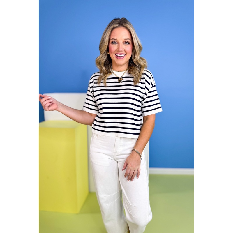 Navy Stripe Drop Shoulder Short Sleeve Top *FINAL SALE* Small