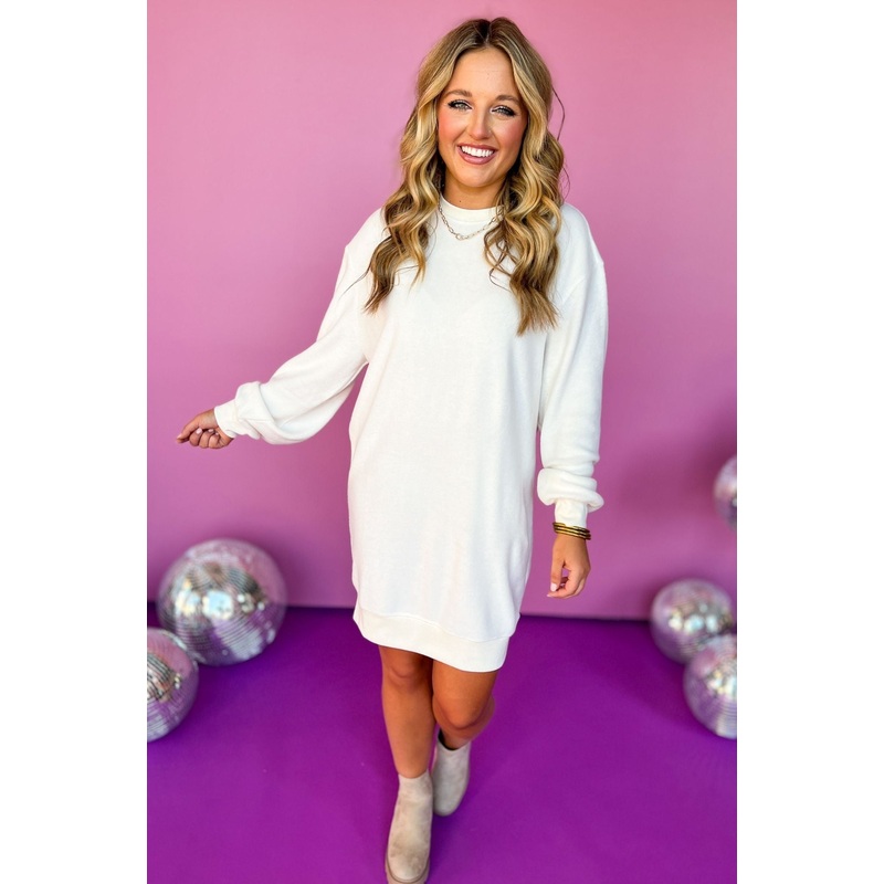 Cream Crew Neck Drop Shoulder Long Sleeve Dress *FINAL SALE* Small