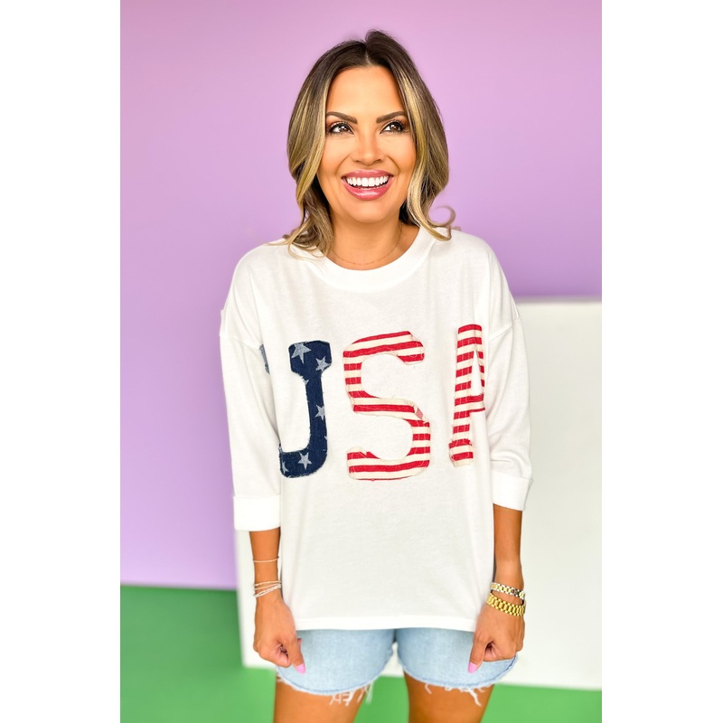 White USA Drop Shoulder Cuff Three Quarter Sleeve Top Small