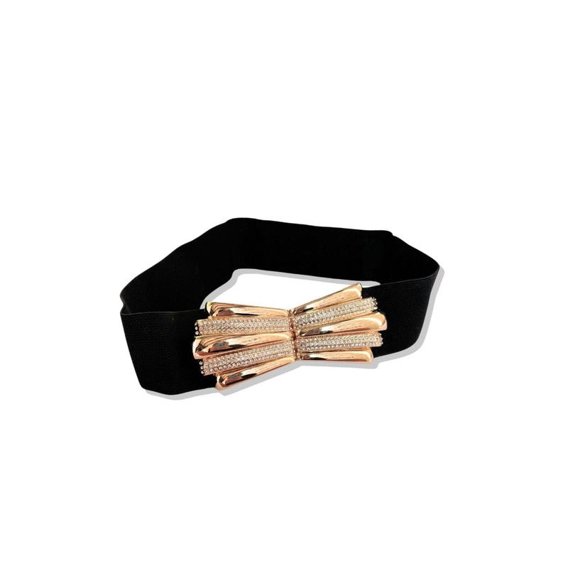 Black Stone Paved Metal Plate Buckle Accented Elastic Belt