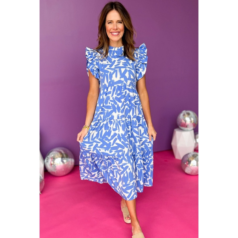 Blue Paint Brush Frill Neck Ruffle Shoulder Tiered Midi Dress *FINAL SALE* Small
