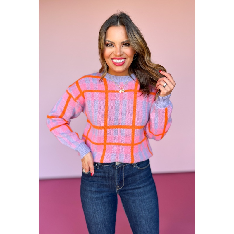 Lavender Multi Check Print Drop Shoulder Ribbed Hemline Sweater Small