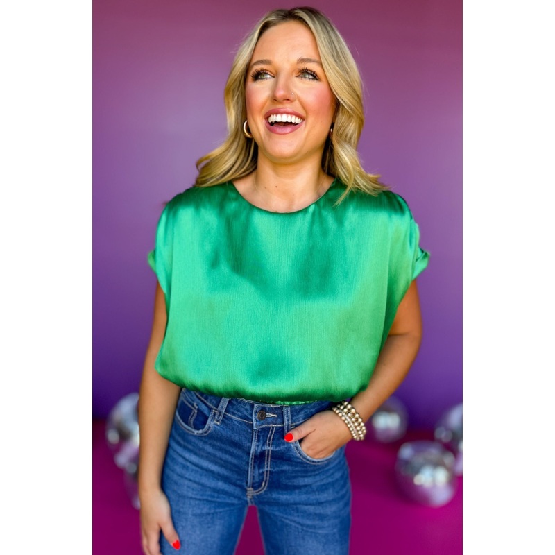 Kelly Green Round Neck Drop Shoulder Elastic Hem Top *FINAL SALE* Small