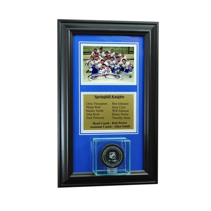 Wall Mounted Hockey Puck Display Case  5×7 Photo & Engraving