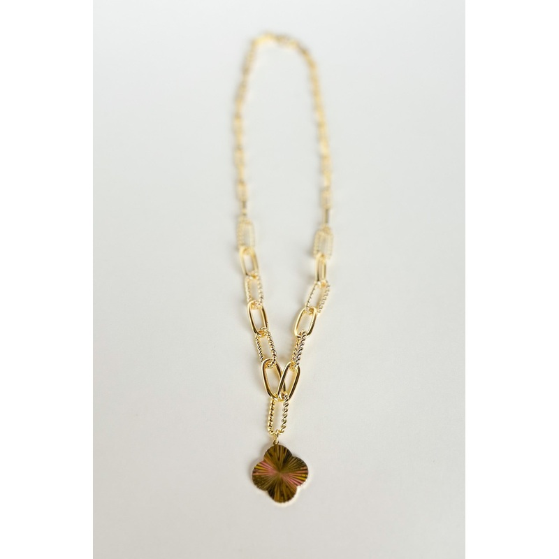Gold Dipped Texture Quatrefoil Pendant Chain Necklace